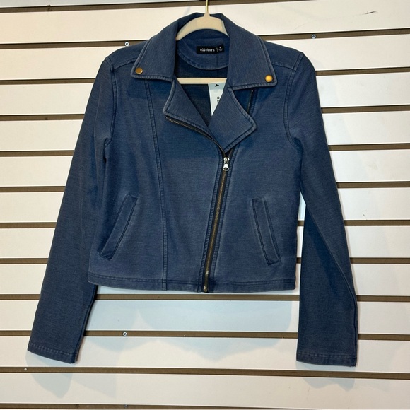 Knit Denim Biker Moto Jacket in Blue - Picture 3 of 10